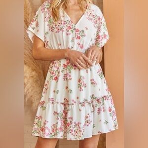 ANDREE BY UNIT White Floral V-Neck Tiered Dress with Pink & Green Print